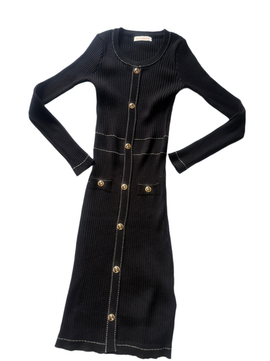 Abito nero a costine con bottoni colore oro