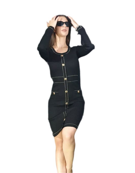 Abito nero a costine con bottoni colore oro